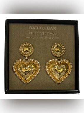BaubleBar Heart Drop Earrings Gold Faux Pearl Rhinestone Statement